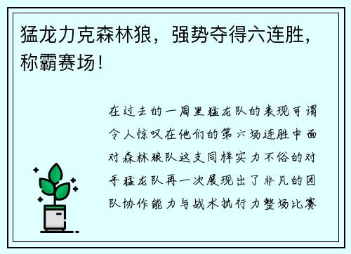 猛龙力克森林狼，强势夺得六连胜，称霸赛场！